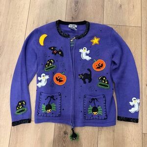 Vintage 1990s Tiara Purple Witch Pumpkin Halloween Cardigan Teacher Sweater